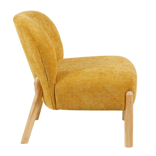 Yellow armchair with wooden legs on a white background