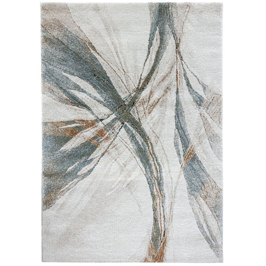 Abstract patterned rug with geometric design on a white background