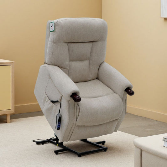 Beige recliner chair in a living room setting with beige walls and a light-colored floor.