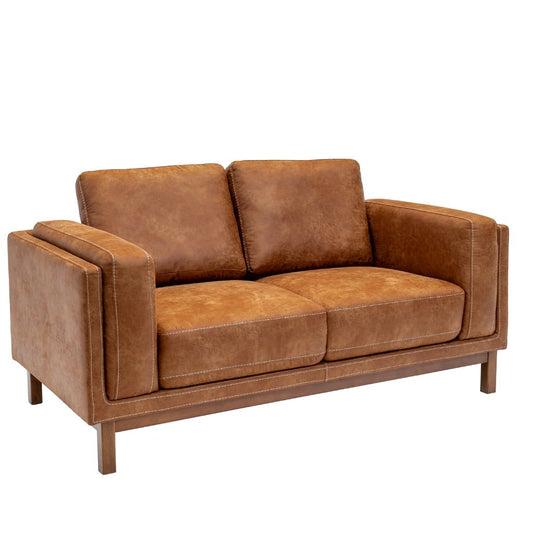 Tan fabric sofa with a modern industrial look