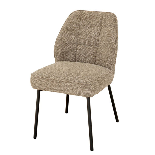 Beige upholstered chair with black legs on a white background