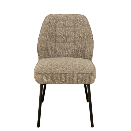 Beige upholstered chair with black legs on a white background