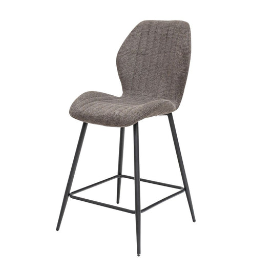 Gray upholstered bar stool with black metal legs on a white background