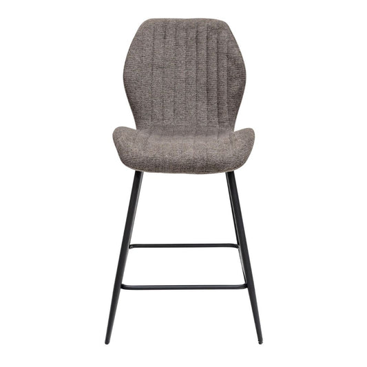 Gray textured bar stool with black metal legs on a white background