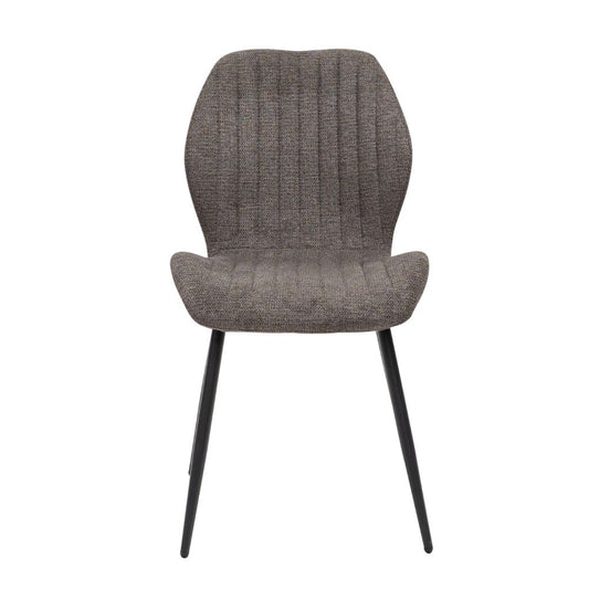 Gray upholstered chair with black legs on a white background