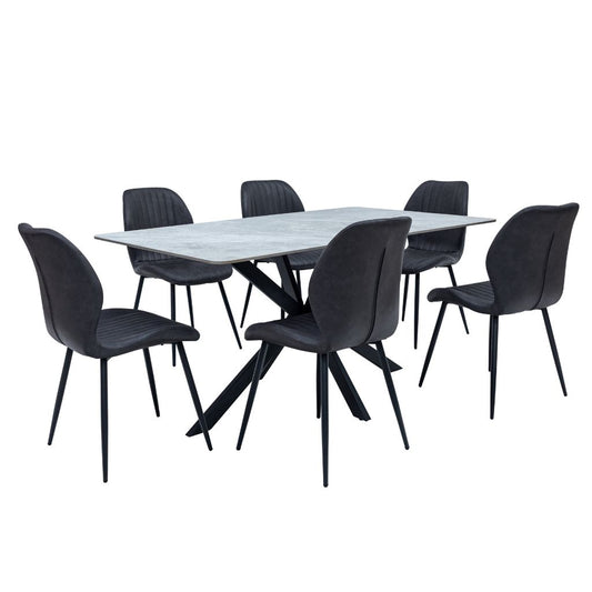 Dining table set with six grey chairs on a white background