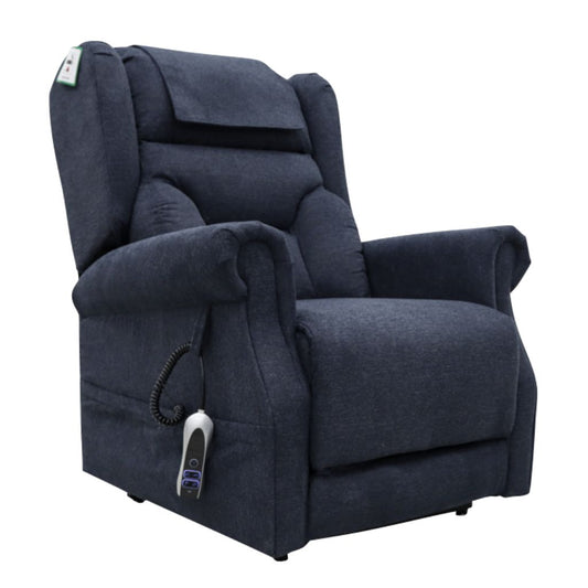 Blue recliner chair with control panel on a white background
