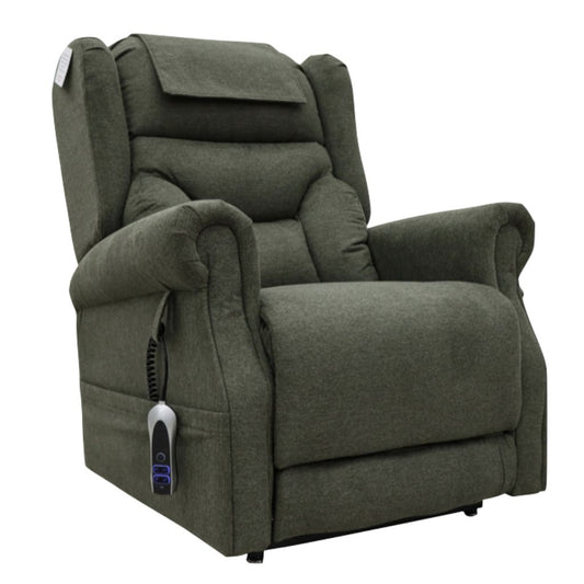 Green recliner chair with control panel on a white background