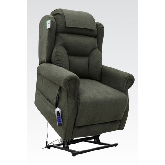 Green lift chair with remote control on a white background
