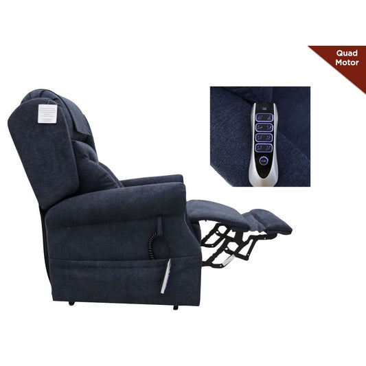 Blue recliner chair with remote control on a white background