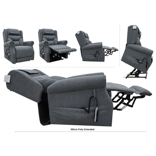Gray recliner chair shown in various angles on a white background