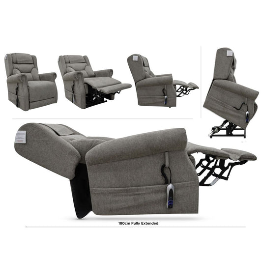 Gray recliner chair in various positions on a white background