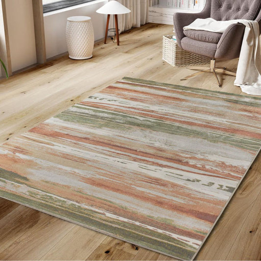 green and orange striped rug in a living room