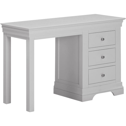 Grey dressing table with three drawers on a white background