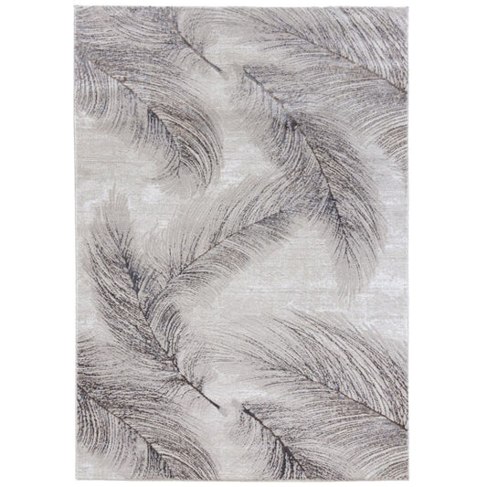 Textured gray area rug with leaf pattern on a white background