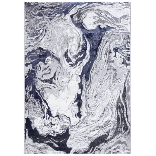 Marble-patterned rug with swirling blue, white, and gray design on a white background