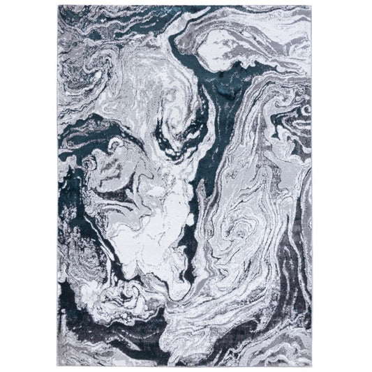 Marble-patterned rug with swirling gray, green and white design on a white background