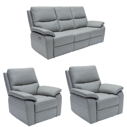 Gray sofa and two matching armchairs on a white background