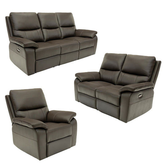 Set of brown leather reclining sofa and chair on a white background