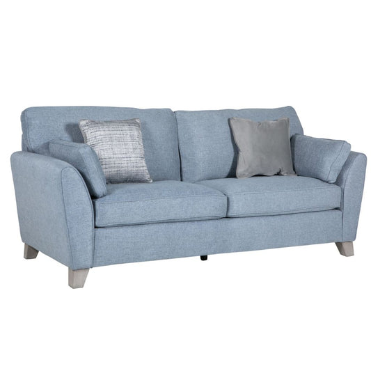 Blue sofa with gray cushions on a white background