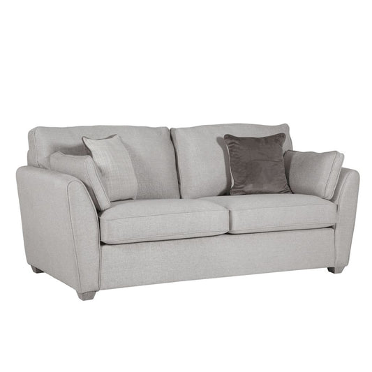A light grey linen look fabric 2 seater which transforms into a comfortable sofa bed.