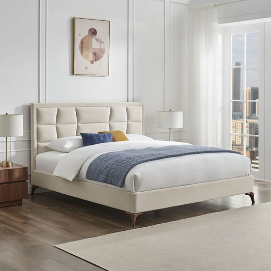 Modern bedroom with a beige upholstered bed, wooden nightstands, and cityscape view.