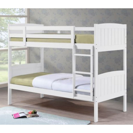 White bunk bed with green and white bedding in a room with a window and patterned wall.