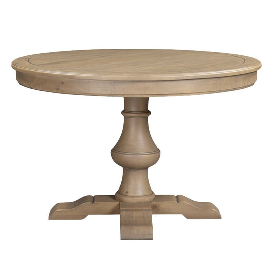 Round wooden table with a pedestal base on a white background