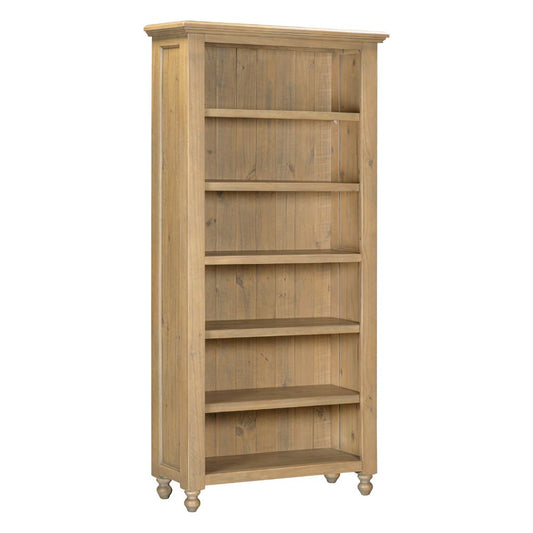 Wooden bookshelf with five shelves on a white background