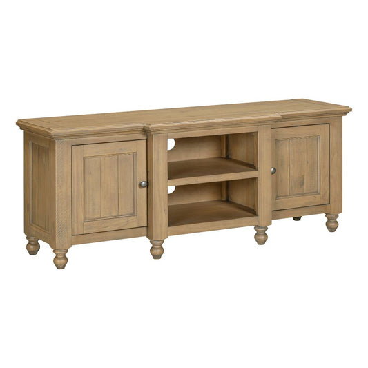 Wooden TV stand with two cabinets and shelves on a white background