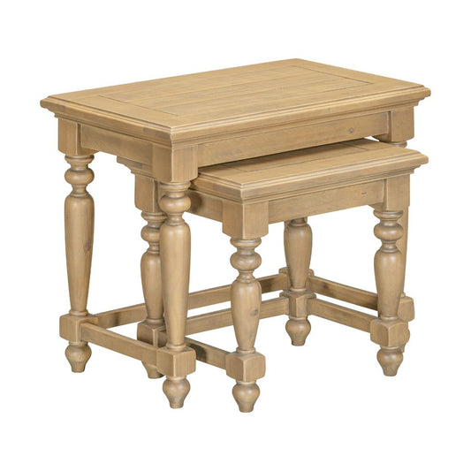 Set of two wooden nesting tables on a white background