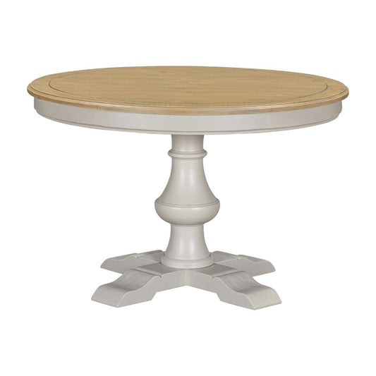 Round table with wooden top and white base on a white background