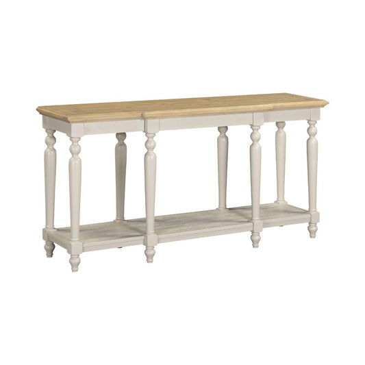 Wooden console table with grey base on a white background
