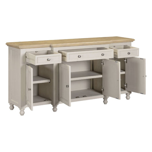 Grey painted sideboard with wooden top and open doors on a white background