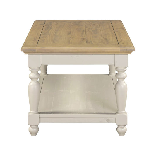 Wooden side table with a grey base on a white background