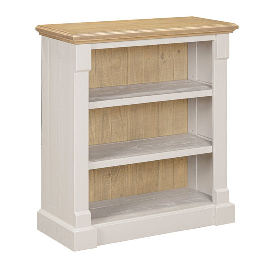 Wooden bookshelf with grey base and natural wood top on a white background
