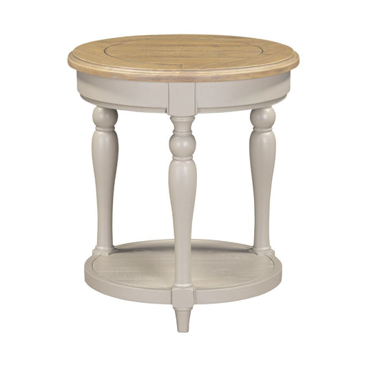 Round wooden side table with grey base on a white background
