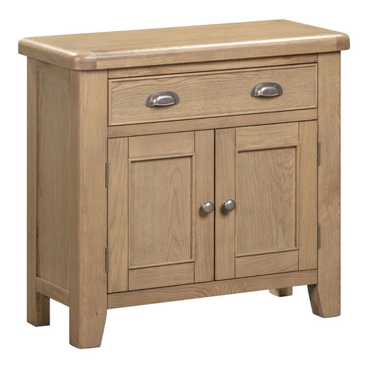 Wooden sideboard with one drawer and two doors on a white background