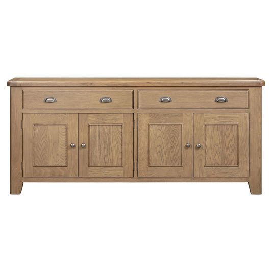 Wooden sideboard with four doors and two drawers on a white background