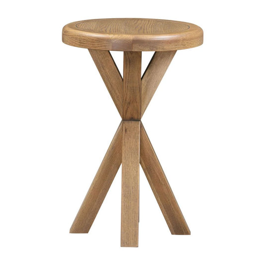 Wooden side table with round top and X-shaped legs on a white background