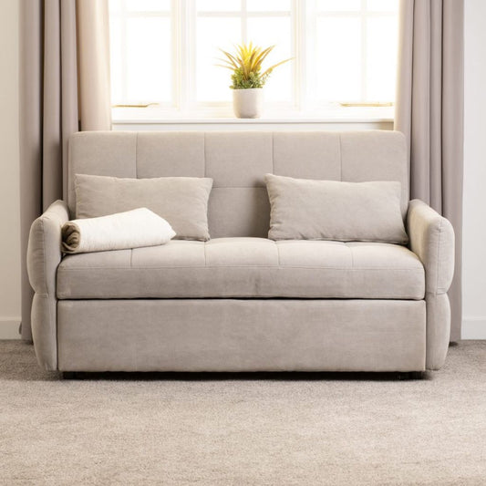 Light grey two-seater sofa with cushioned seating and matching cushions