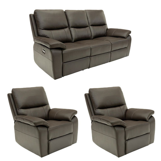 Brown leather sofa and two recliner chairs on a white background