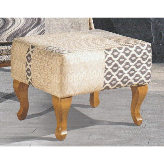 Patterned ottoman with wooden legs on a wooden floor