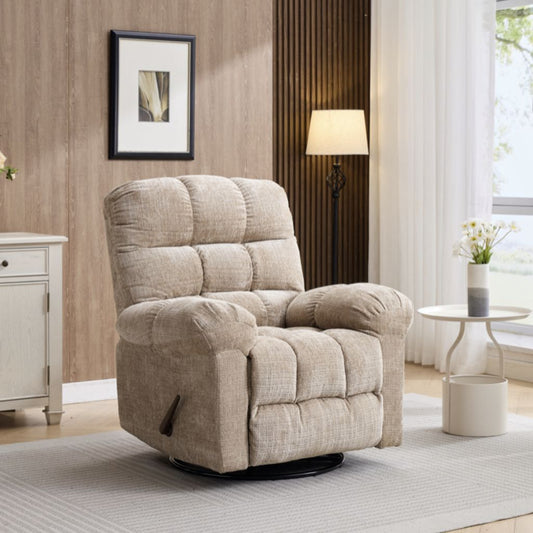Beige recliner chair in a living room setting with a lamp and window in the background.