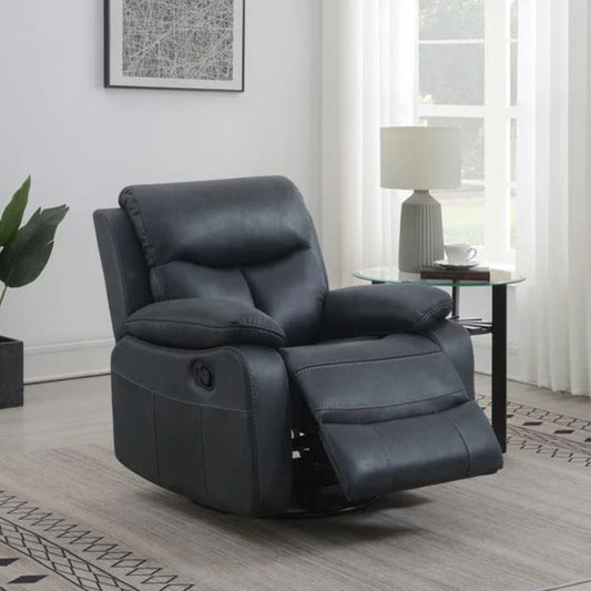 Blue recliner chair in a living room setting with a lamp and plant.