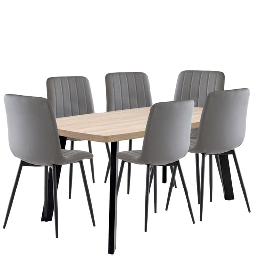 A dining set featuring a rectangular light wood table with black metal legs and six grey faux leather chairs with black legs.