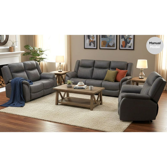 Gray sectional sofa set in a living room with a wooden coffee table and decorative items.