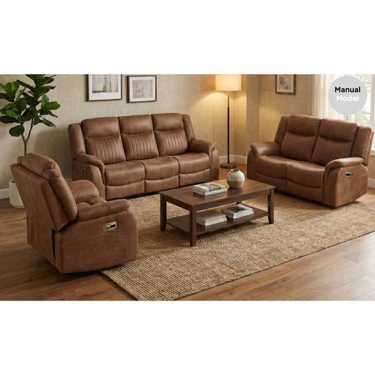Brown fabric sofa set in a living room with a coffee table and decor items.