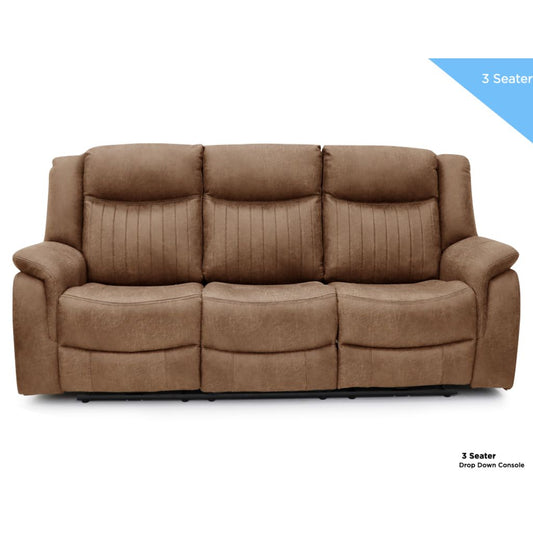 Brown sofa with drop-down console on a white background