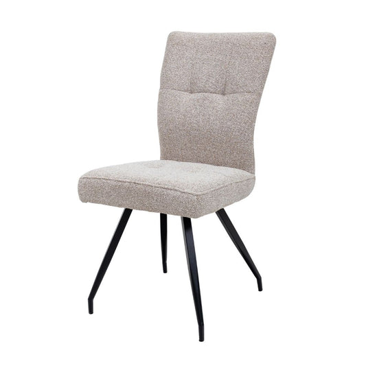 Beige upholstered chair with black metal legs on a white background